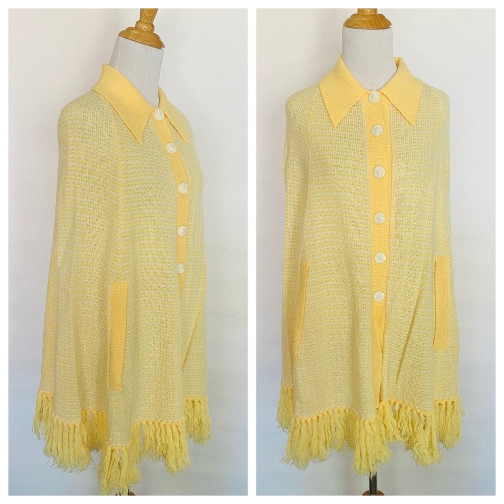 60s Yellow and White Sweater Cape // Wool Yellow P